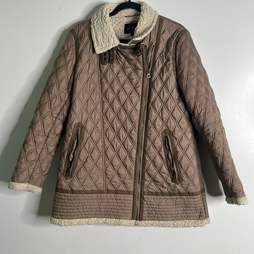 Lucky brand faux fur quilted taupe puffer jacket size large